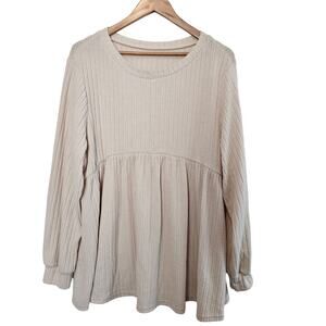 Babydoll Sweater Blouse Womens Size 2X Cream Boho Ribbed Neutral Cozy Relaxed